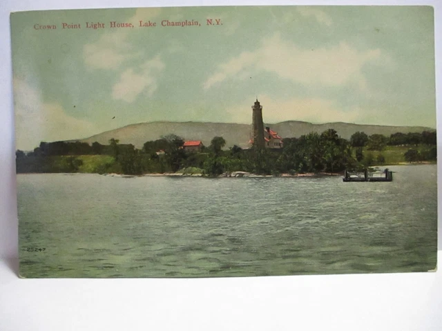 1910 Postcard " Crown Point Lighthouse , Lake Champlain Ny " W/ Boat Unused