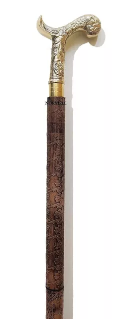 Bastón de madera con sello de cuero antiguo con mango de latón para regalo...