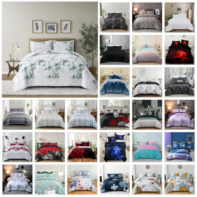 Floral Marble Quilted Comforter Duvet Doona Set Queen King Size Bed Pillowcases