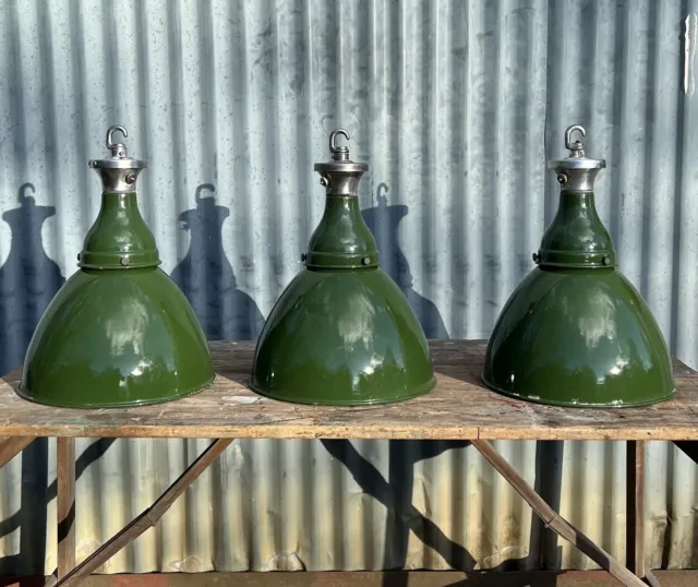 3 Vintage Benjamin Saaflux Green Enamel Pendant Light Lamp Shades Industrial