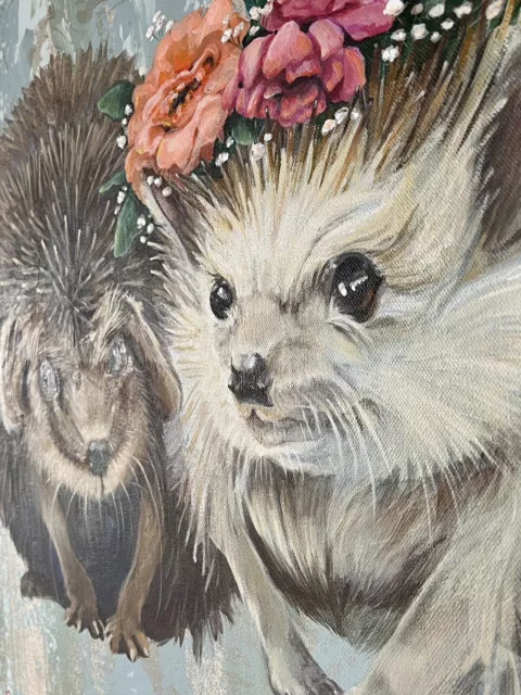 Original Painting Newly Wed Hedgehogs. Rare One Of Kind 24x24 Susanne Rende 2