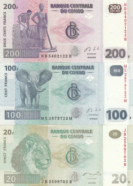 Congo 200, 100, 20 Francs, UNC, ' Set 3 Billets'