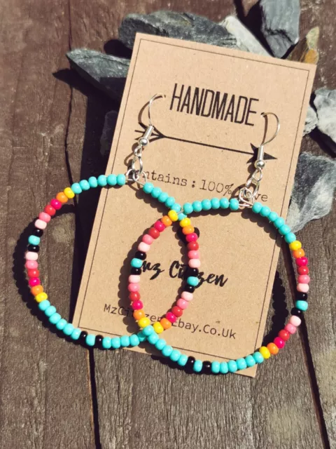 CORAL Reef BEADED Boho HOOP Earrings Turquoise Hippie Western HANDMADE  Hoops