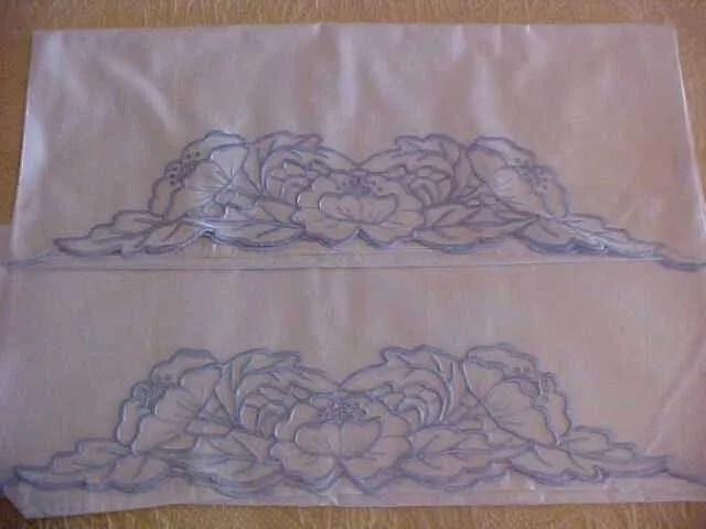 Vintage Embroidered Pillowcases w/ Pale Blue Flowers & Leaves w/ Cutwork