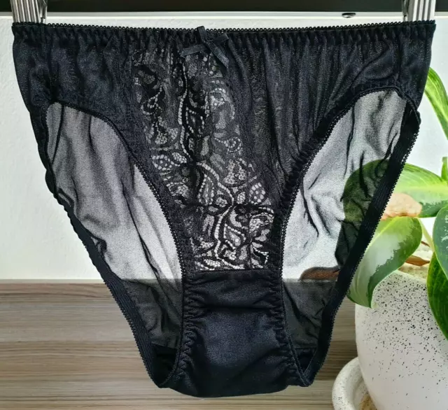 Vintage Silky Nylon Panties Black Lace Bikini High Leg Brief Size 7-8 Hip 38-42"