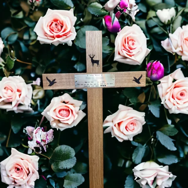 oak Wooden Memorial Cross grave marker 28" Free Plaque & Free Engraving