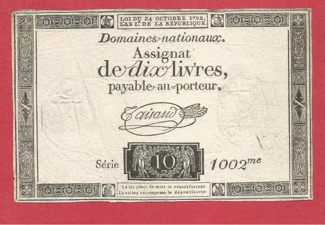 ASSIGNAT 10 livres du 24 Octobre 1792 - An 1 er de la République