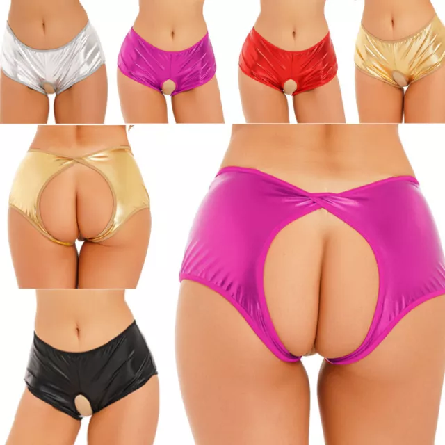 Womens Shiny Crotchless Booty Shorts Low Rise Panties Underwear Hot Pants Club