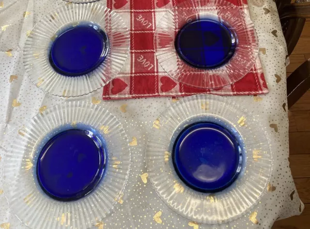 PIER 1 ? Cobalt Blue Glass Salad Lunch Plates  Ribbed Clear Set 4 Pier One