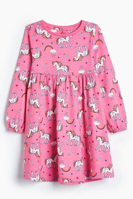 Girls Pink Unicorn / Rainbow / Hearts Long Sleeved Dress Age 7 - 8 Years New