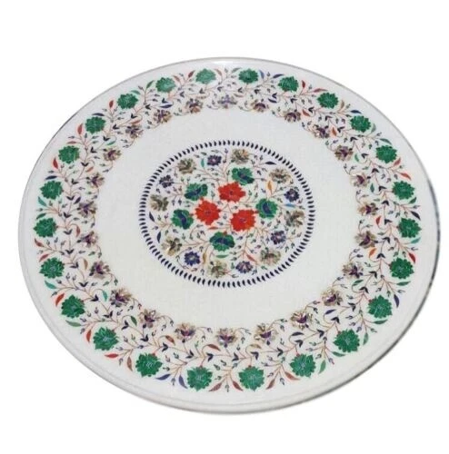36" White Round Marble Table Top Malachite Floral Inlay Home And Garden Decor