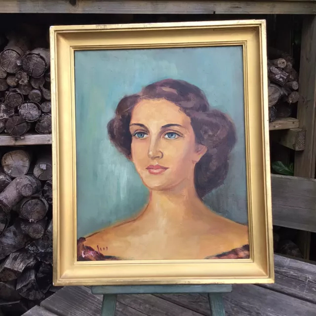 Old Vintage 1940/50s Female Portrait Oil Painting On Canvas Illegibly Signed