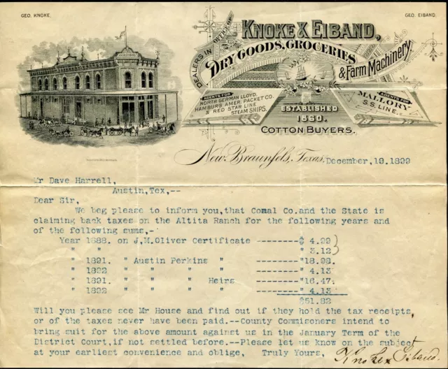 NEW BRAUNFELS, TX ~ Knoke & Eiband, Dry Goods, Ship Agents ~ Letterhead 1899