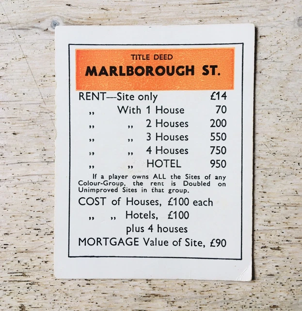 PROPERTY CARD MARLBOROUGH Street. Original 1957 ‘MONOPOLY’ spare