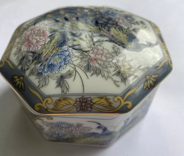 Pretty Porcelain Floral Lidded Trinket Pot Dish With Peacock Design 8cm across