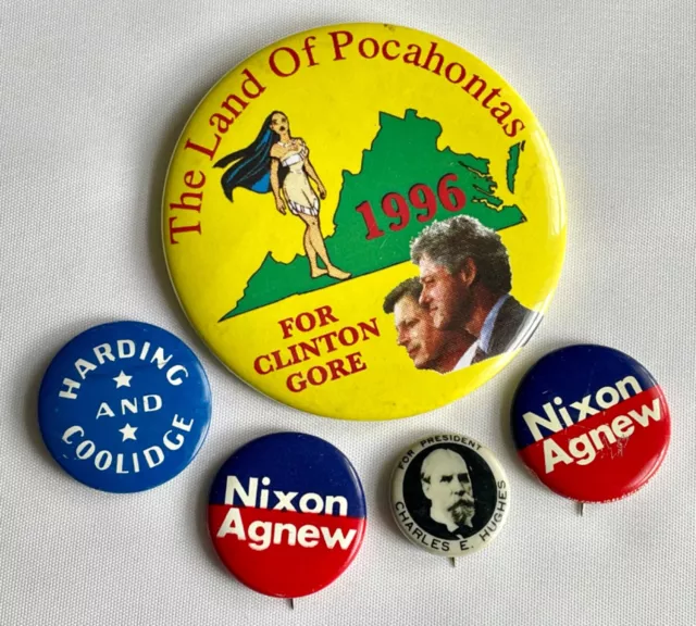 5 RARE, Vintage Campaign Pin Political Buttons, Nixon, Clinton, Hughes, Harding