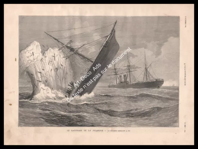 Engraving 1883, Le Naufrage de LA PICARDIE, Le Steamer sinking at peak