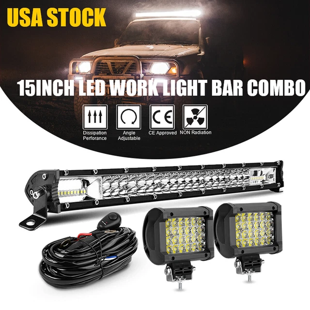 15 Inch Led Work Light Bar Combo+2x 4-Row 4" LED Pods For Jeep Offroad Truck SUV