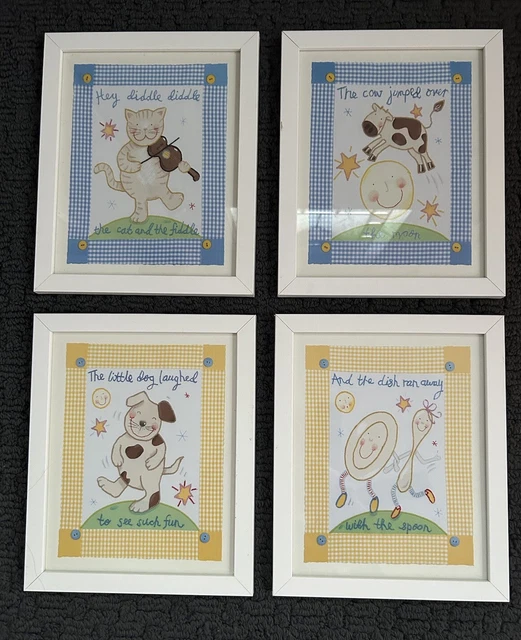 Sophie Harding Framed  Nursery Prints Hey Diddle Diddle 4-9x11” Unique Item!
