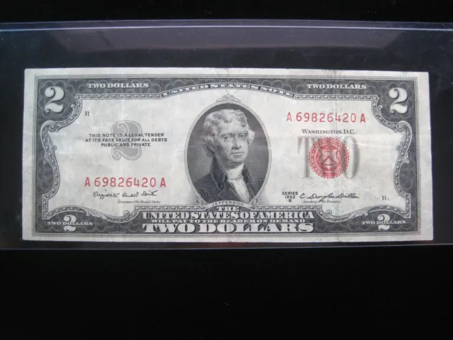 USA $2 1953-B A69826420A # UNITED STATES Note RED Seal Dollars Circ Bill Money