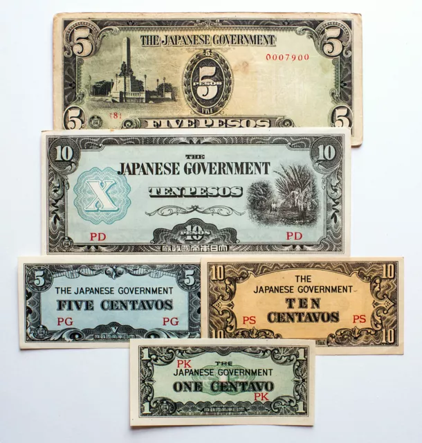 5 diff. Philippines WW2 1940's Japanese invasion paper money  circ.-Au