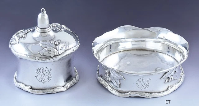 c1895 Fabulous Sterling Silver Holly Design Smoking Set Table Lighter Ashtray