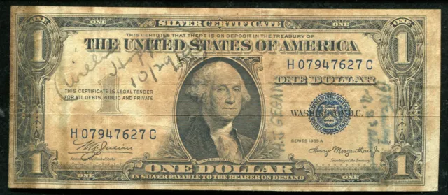 1935-A $1 One Dollar Silver Certificate “Short Snorter”