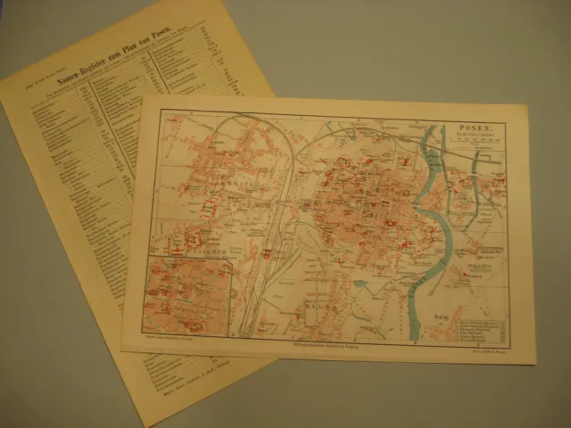 Posen Stadtplan von 1908 mit Straßenregister-Altes Original Litho.