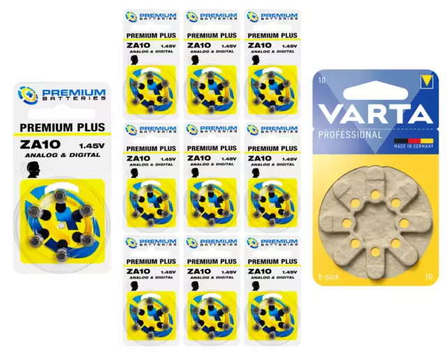 Premium Size 10 ZA10 1.45V Hearing Aid (60 Batteries) + Bonus Varta 8 Pack