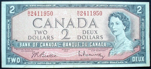 CANADA  ~ QUEEN ELIZABETH II ~  2 DOLLARS 1954 f..