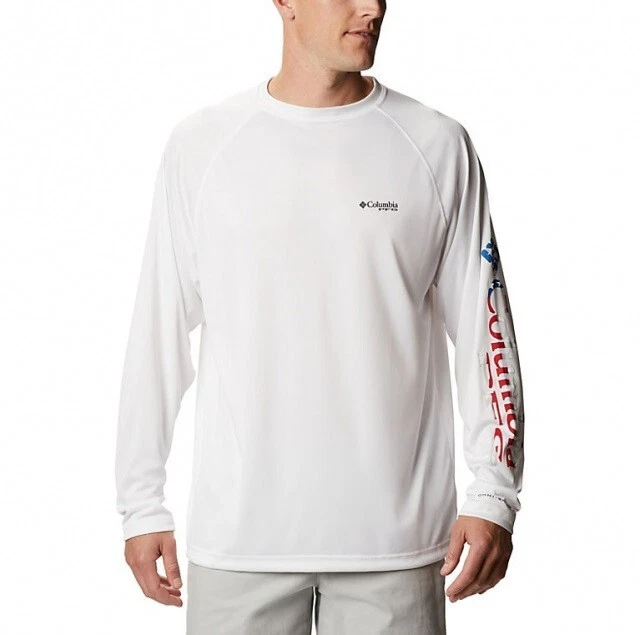 Columbia PFG Omni-Shade & Omni-Wick, Deep Wave long sleeve T-shirt in White. XL