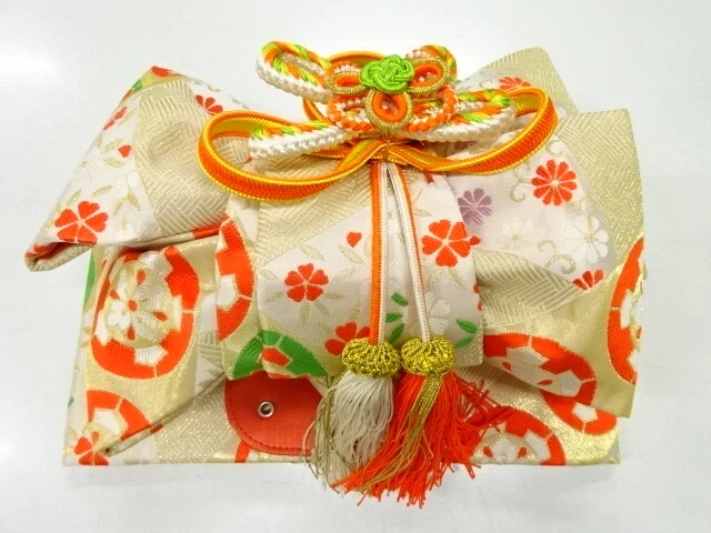 81248# Japanese Kimono / Ribbon Tsukuri Obi For Girls / Woven Wheel With Flower