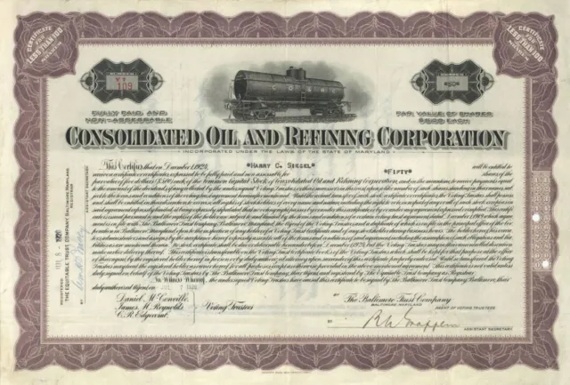 Consolidated Oil and Refining Co. - 1920 dated Maryland Oil Stock Certificate -