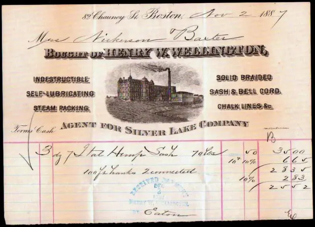 1887 Silver Lake Company - Boston - Henry W Wellington  - Rare Letter Head Bill