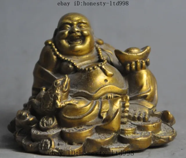 3"chinese buddhism brass yuanbao money coin wealth happy Maitreya Buddha statue