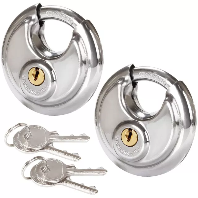 2x Round Discus Shackle Padlock Stainless Steel 2 Keys 70mm Heavy Duty Lock Disc