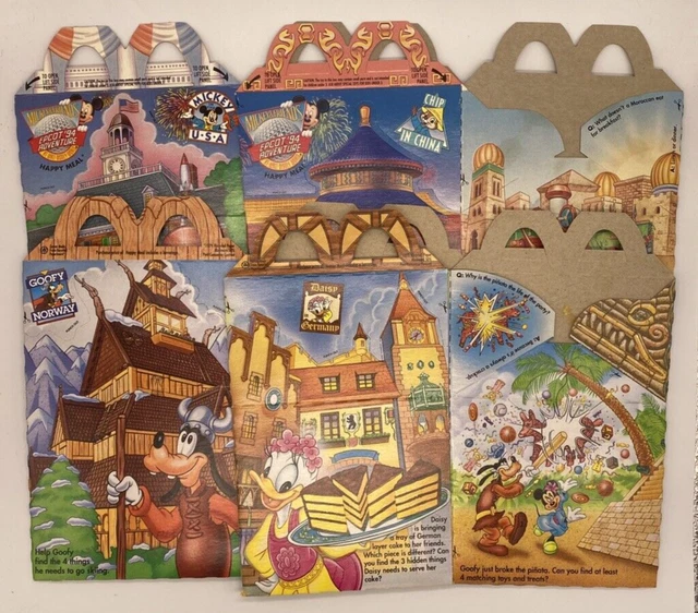 1994 MCDONALDS HAPPY Meal Boxes Mickey & Friends Epcot Adventure Vtg