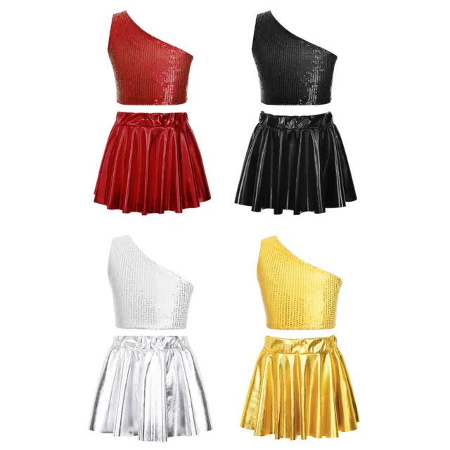 Kids Girls Dancewear Metallic Crop Top With Skirt Elastic Waistband Hip Hop