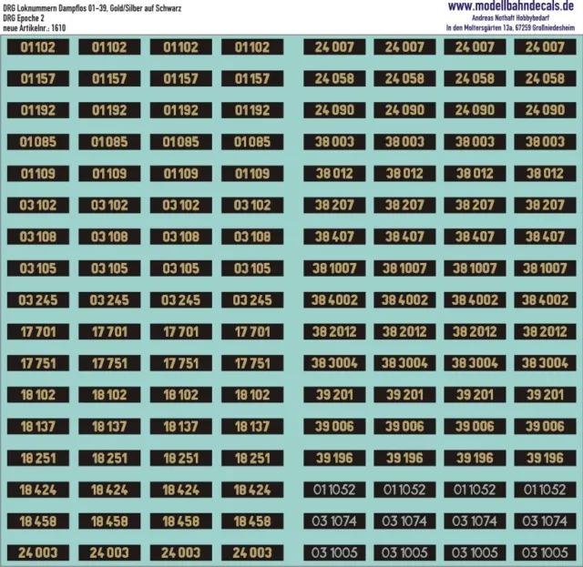 Numeri locomotiva N DRG vapore 01-39 oro/alluminio su nero, decalcomanie serigrafia 160-1610