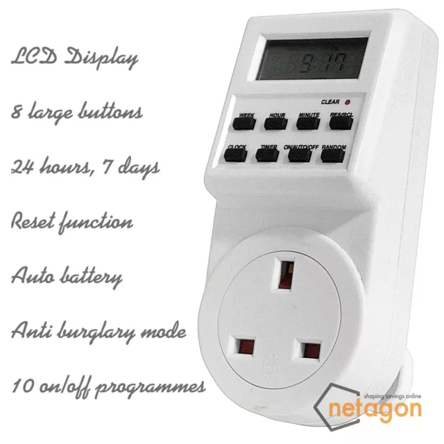 Christmas Lights Digital Mains Timer Socket with LCD Display 12/24 Hour 7 Days