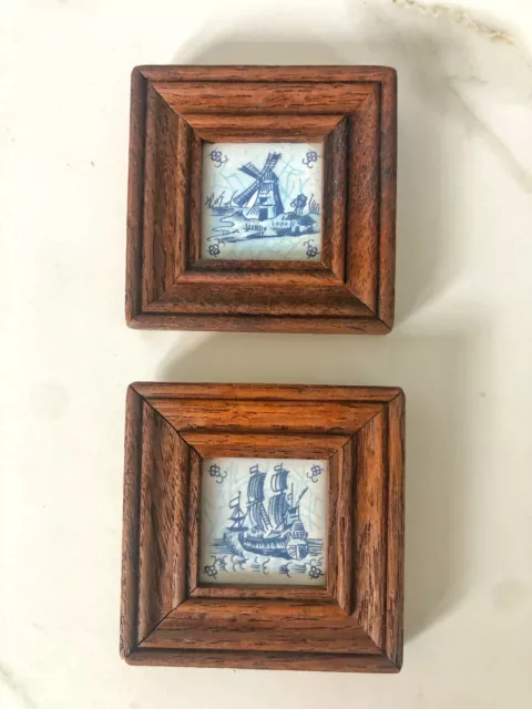 Delft Blue framed tiles, hand made and painted, windmill and ship themed