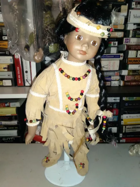 American Heritage Collection Native American Porcelain Doll RARE w/stand shelf1J