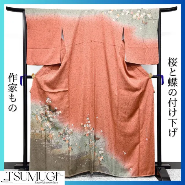 Japanese Pure Silk Semi-Formal Kimono Tsukesage 165.5 Cherry blossoms Orange
