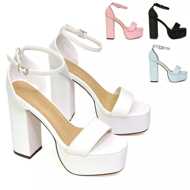 Womens Platform Block High Heel Sandals Ladies Ankle Strap Buckle Party Shoes