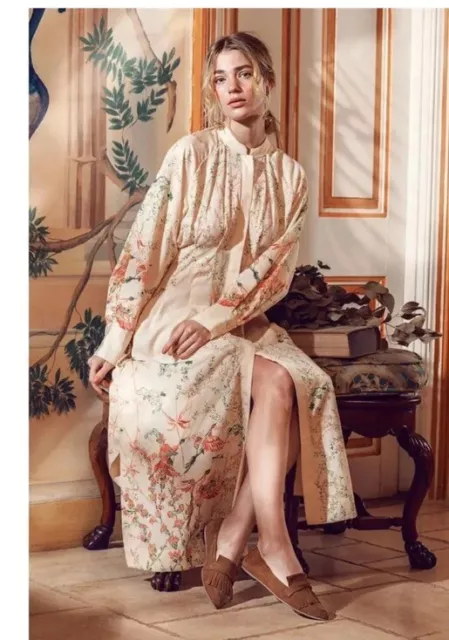 H M CREAM ECRU Yellow Oriental Floral Long Kaftan Dress size M Kimono Midi 65.00 PicClick UK