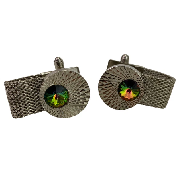 VTG 60s 70s Watermelon Rivoli Glass Wrap Around Silver Tone Cufflinks Quilted