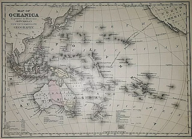 Old 1881 Atlas Map ~ OCEANICA - AUSTRALIA - PACIFIC OCEAN - NEW ZEALAND - BORNEO