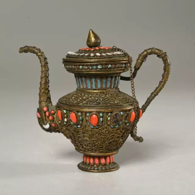 Tibetan Brass Copper Metal Filigree Teapot With Coral Turquoise Inlay A