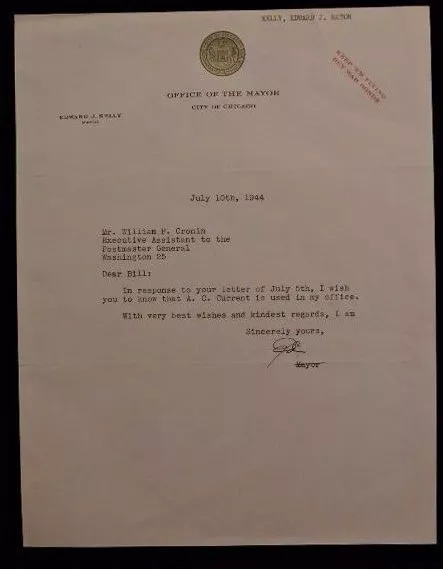 Edward J. Kelly Signed Letter (Dec'd 1950) Former Mayor Of Chicago 1933-47