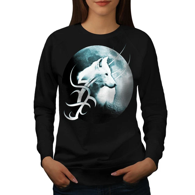 Felpa Wellcoda Lone Wolf Moon Art donna, maglione pullover casual solitario
